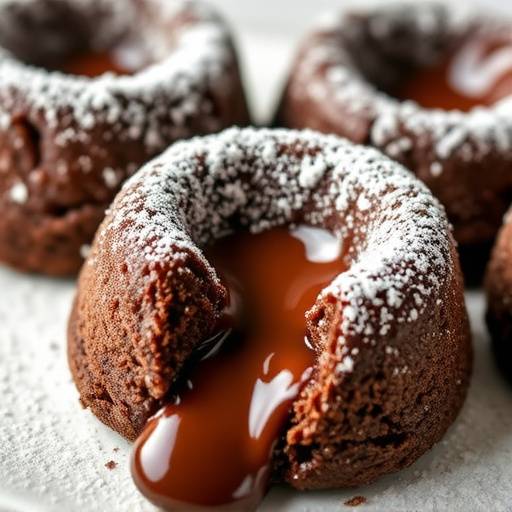 A close-up of decadent Chocolate Lava Cakes, with molten chocolate oozing out and dusted with powdered sugar.
