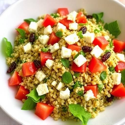 A colorful image of a Mediterranean Quinoa Salad, showcasing fresh vegetables, feta cheese, and a lemon-herb dressing.
