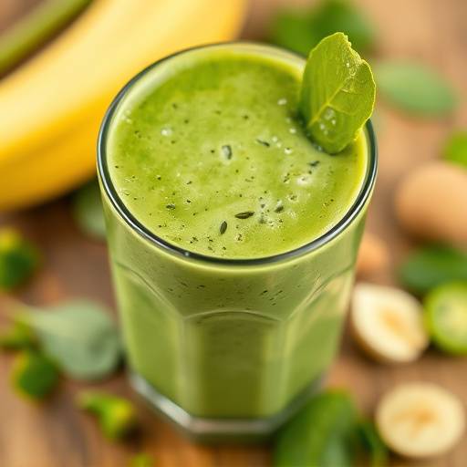 A vibrant green smoothie with fresh spinach, banana, and almond milk in a glass
