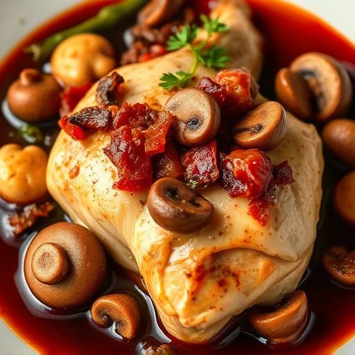 A vibrant image of Coq au Vin, a classic French chicken dish braised in red wine, with mushrooms and bacon.