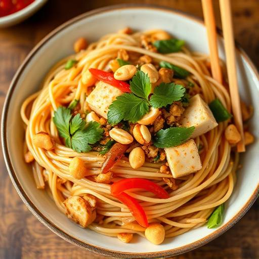 A vibrant vegetarian Pad Thai, featuring rice noodles, tofu, peanuts, and fresh vegetables in a tangy tamarind sauce.