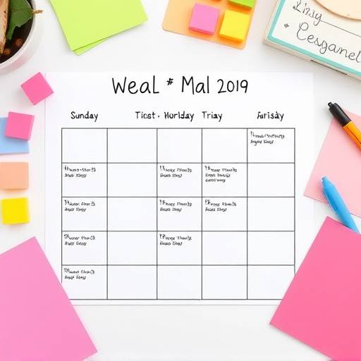 A weekly meal plan calendar with colorful sticky notes indicating different meals.