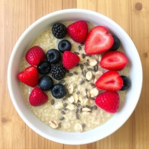 Bowl of overnight oats with berries and chia seeds