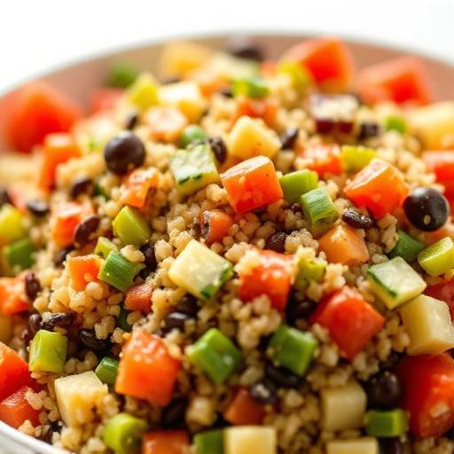 Close-up of a colorful bowl of quinoa salad with various vegetables, representing plant-based protein sources.