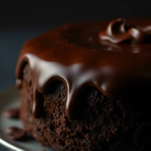 Close-up of a perfectly baked chocolate cake with a rich ganache frosting.