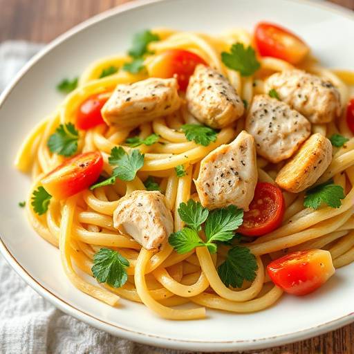 Image of a gluten-free pasta dish with vegetables and chicken.