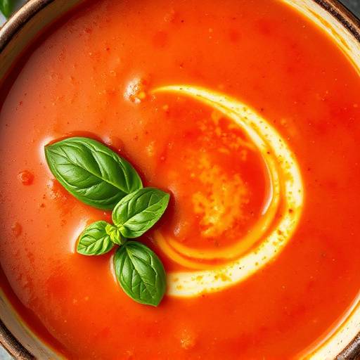 Overhead shot of a bowl of creamy tomato soup with basil garnish