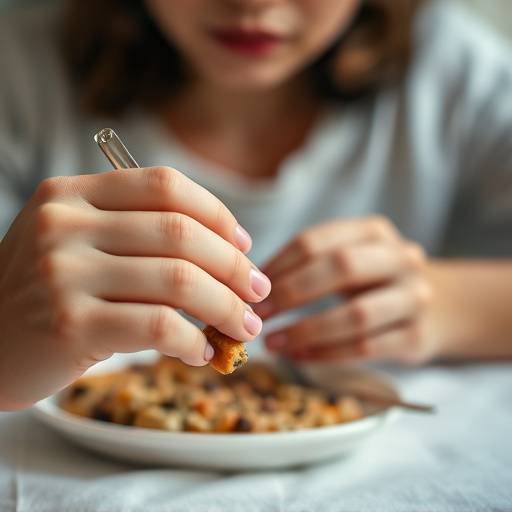 Person practicing mindful eating, focusing on the texture and smell of their food.