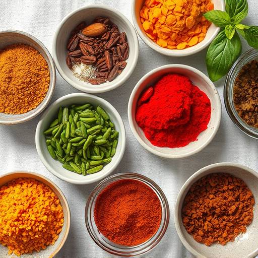 Selection of various spices arranged in small bowls, showcasing their vibrant colors and textures.